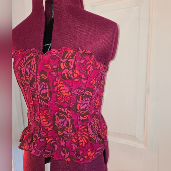 Free People Floral Pleated Ruffle Faux Corset Crop Tube Top - Picture 3 of 9